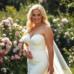 A curvy blonde woman wearing a stunning wedding dress, the dress featuring intricate lace details and a flowing train