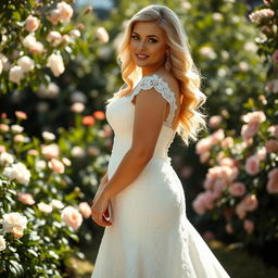 A curvy blonde woman wearing a stunning wedding dress, the dress featuring intricate lace details and a flowing train