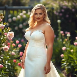 A curvy blonde woman wearing a stunning wedding dress, the dress featuring intricate lace details and a flowing train