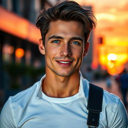 A strikingly handsome young man with chiseled features, deep blue eyes, and a charming smile