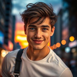 A strikingly handsome young man with chiseled features, deep blue eyes, and a charming smile