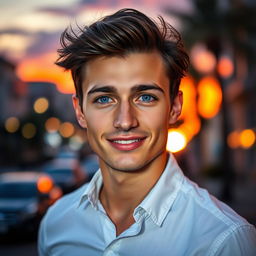 A strikingly handsome young man with chiseled features, deep blue eyes, and a charming smile