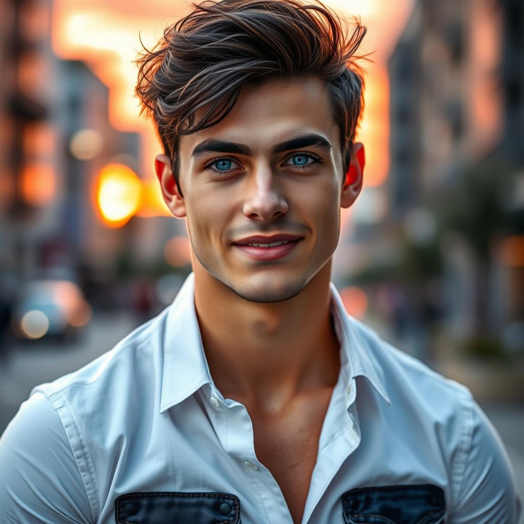 A strikingly handsome young man with chiseled features, deep blue eyes, and a charming smile