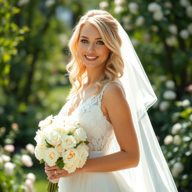 A stunning and sexy blonde woman in an elegant wedding dress, beautifully designed with delicate lace and flowing fabrics