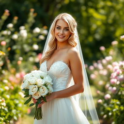 A stunning and sexy blonde woman in an elegant wedding dress, beautifully designed with delicate lace and flowing fabrics