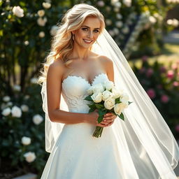A stunning and sexy blonde woman in an elegant wedding dress, beautifully designed with delicate lace and flowing fabrics
