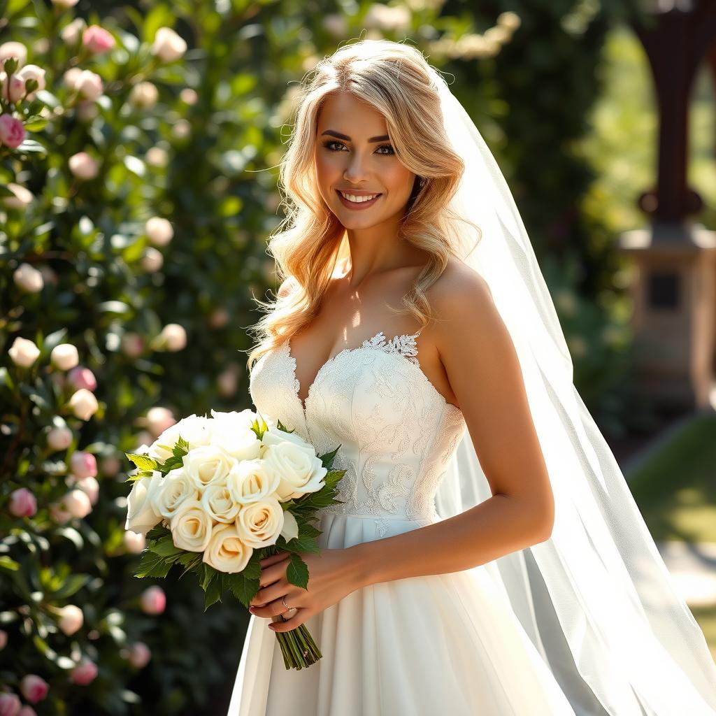 A stunning and sexy blonde woman in an elegant wedding dress, beautifully designed with delicate lace and flowing fabrics