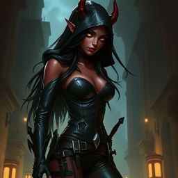 A 20-year-old seductive female tiefling rogue assassin, with deep crimson skin and long, flowing black hair