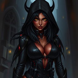 A 20-year-old seductive female tiefling rogue assassin, with deep crimson skin and long, flowing black hair