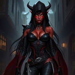 A 20-year-old seductive female tiefling rogue assassin, with deep crimson skin and long, flowing black hair