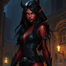 A 20-year-old seductive female tiefling rogue assassin, with deep crimson skin and long, flowing black hair