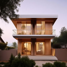 A simple two-story house with four windows on the front elevation. The architectural design should be neat and appealing.