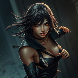 A stunning 20-year-old female rogue assassin in a dynamic pose, her dark brown hair flowing in the wind