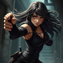A stunning 20-year-old female rogue assassin in a dynamic pose, her dark brown hair flowing in the wind