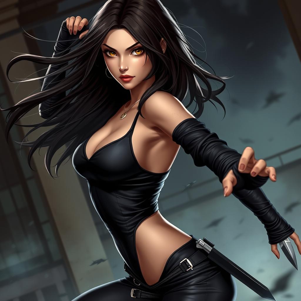 A stunning 20-year-old female rogue assassin in a dynamic pose, her dark brown hair flowing in the wind