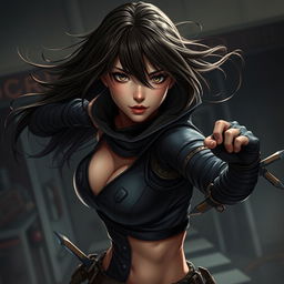 A stunning 20-year-old female rogue assassin in a dynamic pose, her dark brown hair flowing in the wind