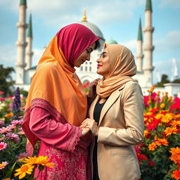 A stunning visual representation of a lesbian couple, one Muslim woman in traditional attire, with colorful hijabs and a beautiful backdrop of a mosque, and her European partner, dressed in modern, stylish clothing