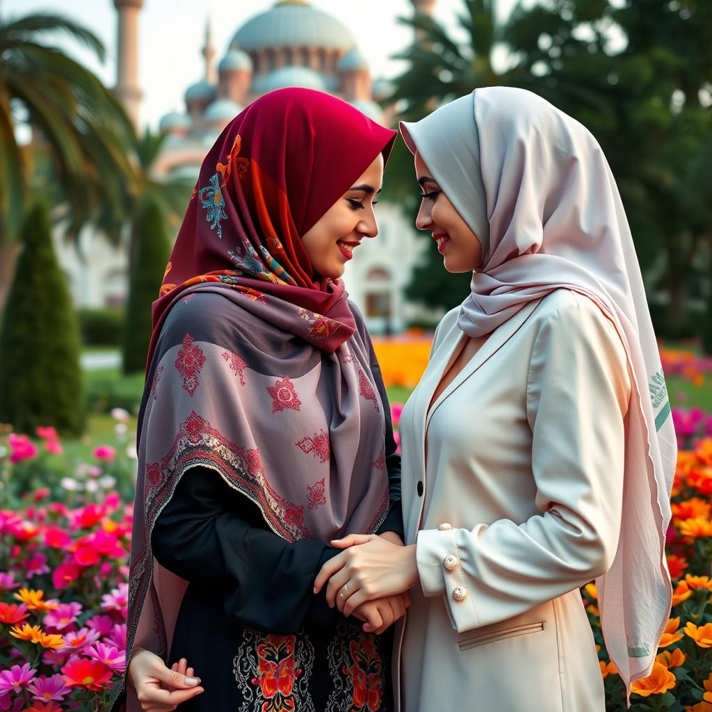 A stunning visual representation of a lesbian couple, one Muslim woman in traditional attire, with colorful hijabs and a beautiful backdrop of a mosque, and her European partner, dressed in modern, stylish clothing