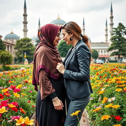 A stunning visual representation of a lesbian couple, one Muslim woman in traditional attire, with colorful hijabs and a beautiful backdrop of a mosque, and her European partner, dressed in modern, stylish clothing
