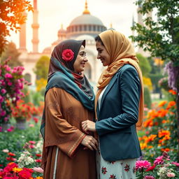 A stunning visual representation of a lesbian couple, one Muslim woman in traditional attire, with colorful hijabs and a beautiful backdrop of a mosque, and her European partner, dressed in modern, stylish clothing