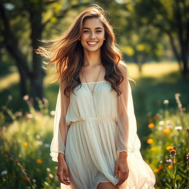 A beautiful portrait of a young woman standing confidently outdoors, surrounded by nature