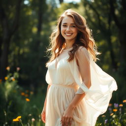 A beautiful portrait of a young woman standing confidently outdoors, surrounded by nature