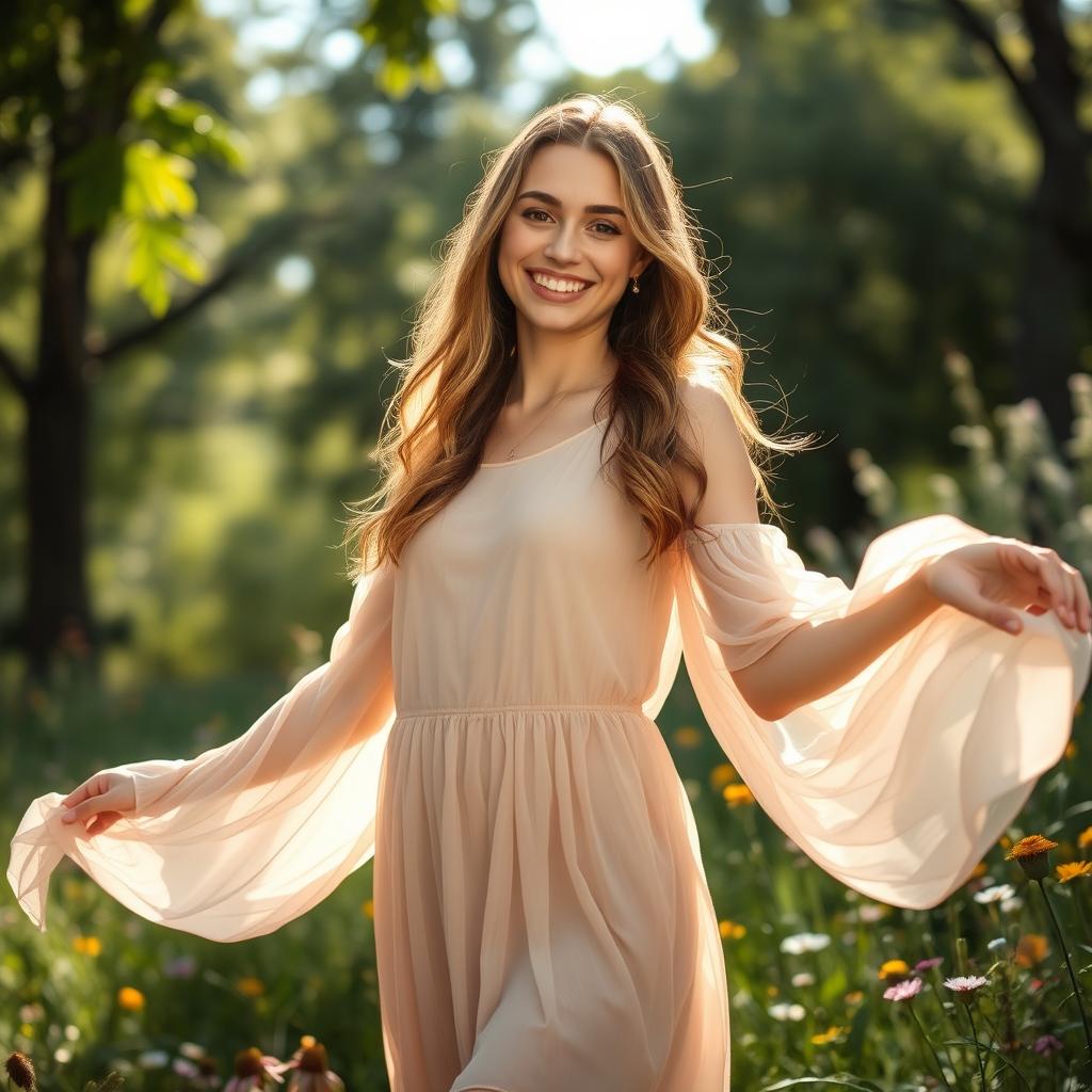 A beautiful portrait of a young woman standing confidently outdoors, surrounded by nature