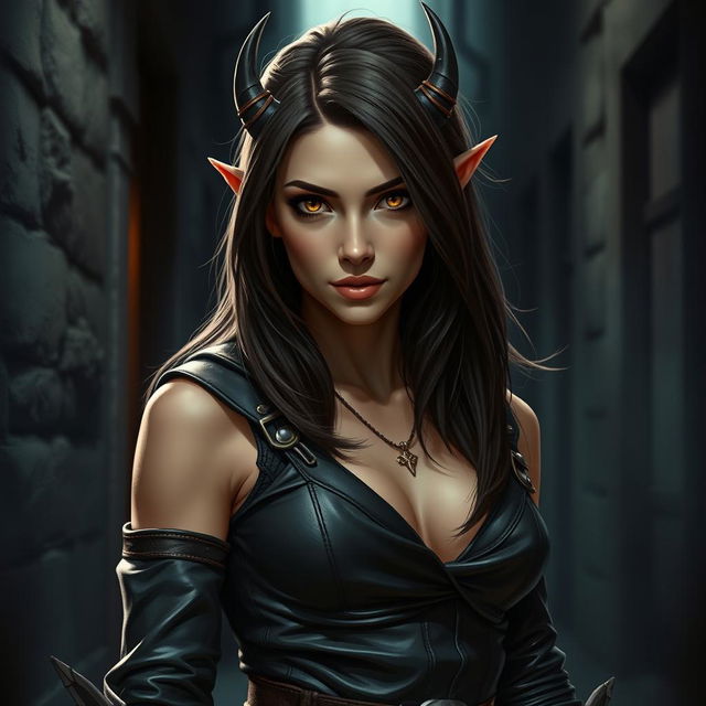 A stunning 20-year-old female tiefling rogue assassin stands confidently in a shadowy alley