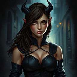 A stunning 20-year-old female tiefling rogue assassin stands confidently in a shadowy alley
