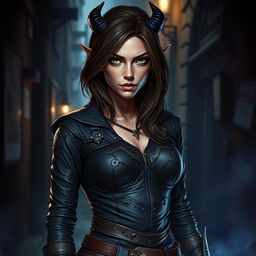 A stunning 20-year-old female tiefling rogue assassin stands confidently in a shadowy alley