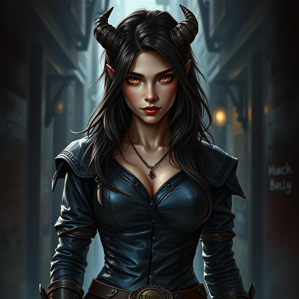 A stunning 20-year-old female tiefling rogue assassin stands confidently in a shadowy alley