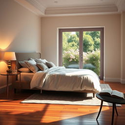 A serene bedroom scene, featuring a beautifully made bed with an elegant duvet and decorative pillows