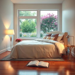 A serene bedroom scene, featuring a beautifully made bed with an elegant duvet and decorative pillows