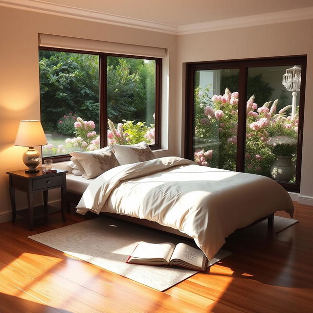 A serene bedroom scene, featuring a beautifully made bed with an elegant duvet and decorative pillows