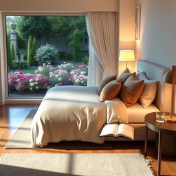 A serene bedroom scene, featuring a beautifully made bed with an elegant duvet and decorative pillows