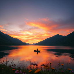 A serene landscape showcasing a majestic sunset over a tranquil lake, surrounded by lush green mountains