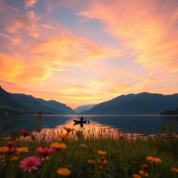 A serene landscape showcasing a majestic sunset over a tranquil lake, surrounded by lush green mountains
