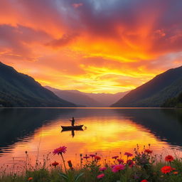 A serene landscape showcasing a majestic sunset over a tranquil lake, surrounded by lush green mountains