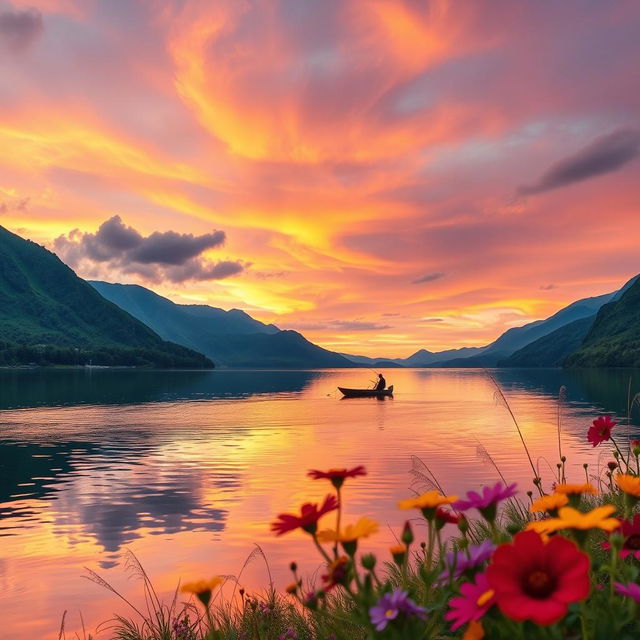 A serene landscape showcasing a majestic sunset over a tranquil lake, surrounded by lush green mountains