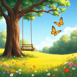 A serene and picturesque landscape featuring a lush green meadow with colorful wildflowers, under a clear blue sky