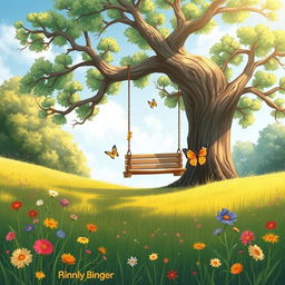 A serene and picturesque landscape featuring a lush green meadow with colorful wildflowers, under a clear blue sky
