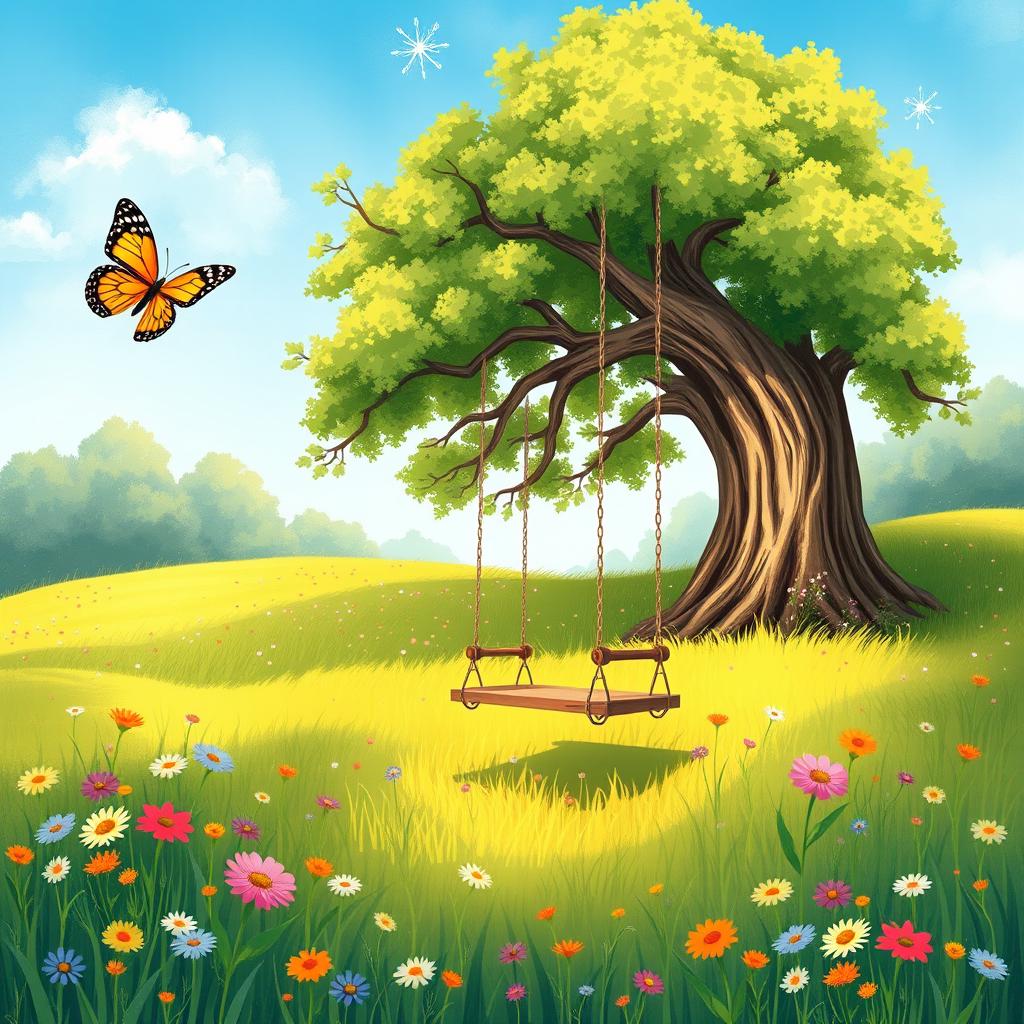 A serene and picturesque landscape featuring a lush green meadow with colorful wildflowers, under a clear blue sky