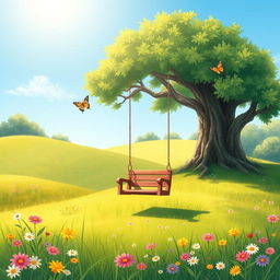 A serene and picturesque landscape featuring a lush green meadow with colorful wildflowers, under a clear blue sky