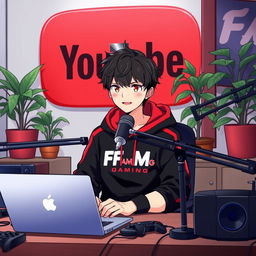 An 18-year-old anime boy sitting in front of a computer desk, using a microphone and laptop