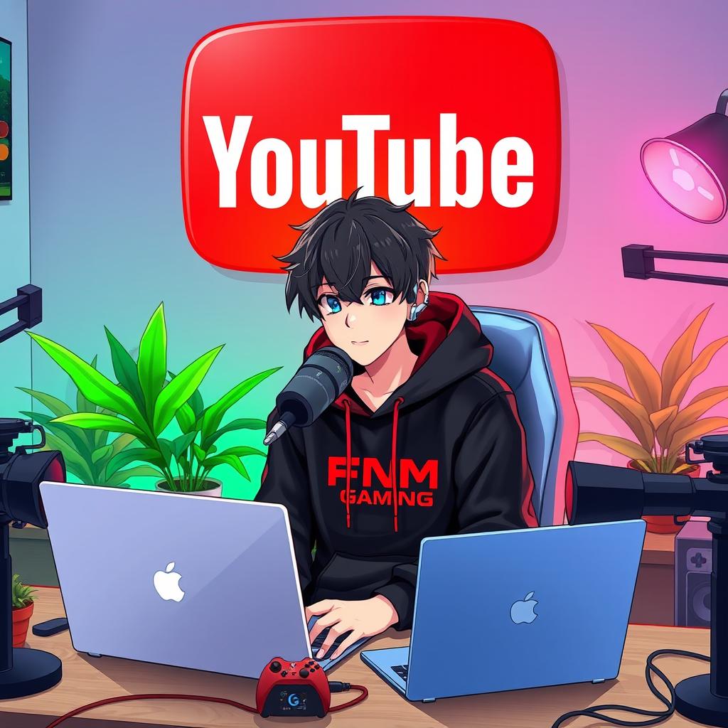 An 18-year-old anime boy sitting in front of a computer desk, using a microphone and laptop