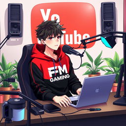 An 18-year-old anime boy sitting in front of a computer desk, using a microphone and laptop