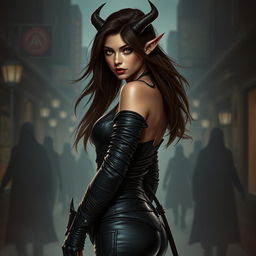 A captivating 20-year-old seductive female tiefling rogue assassin stands in an alluring pose, exuding confidence and charm
