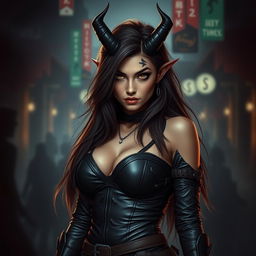 A captivating 20-year-old seductive female tiefling rogue assassin stands in an alluring pose, exuding confidence and charm