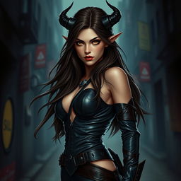 A captivating 20-year-old seductive female tiefling rogue assassin stands in an alluring pose, exuding confidence and charm