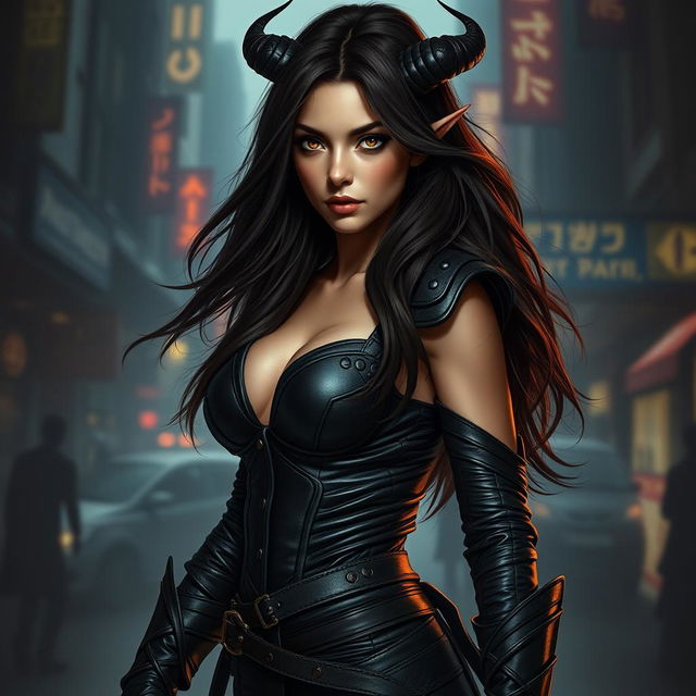 A captivating 20-year-old seductive female tiefling rogue assassin stands in an alluring pose, exuding confidence and charm